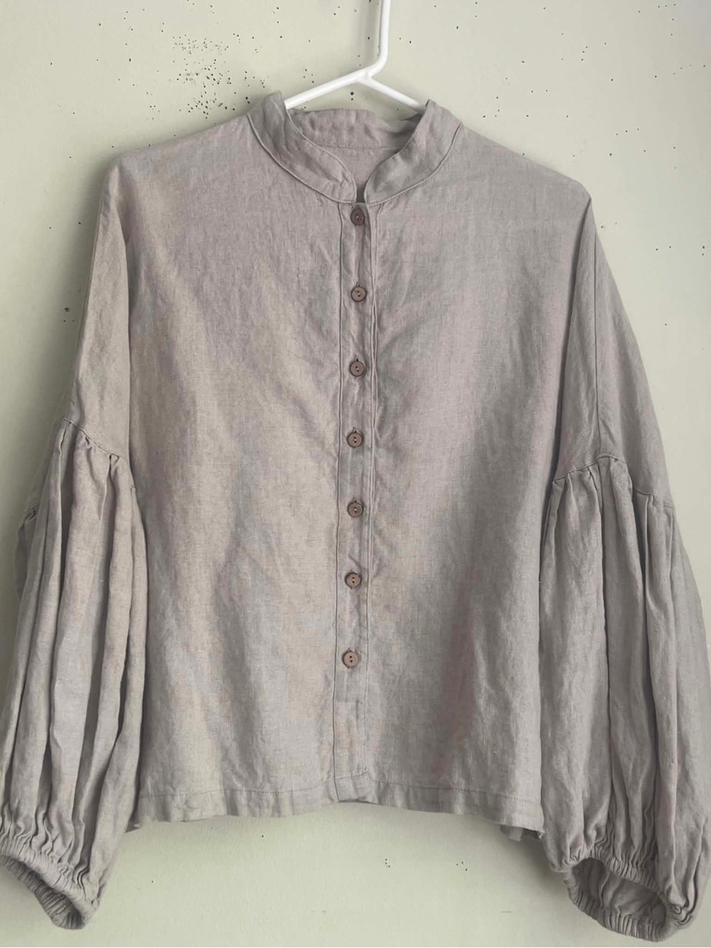 Button-Front Blouse with Gathered Balloon Sleeves